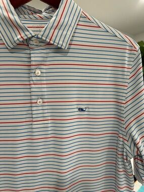Vineyard Vines Men’s White Polo with Blue & Red Stripes